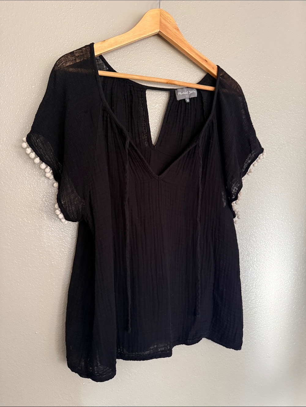 Michael Stars Black V-Neck Short Sleeve Top with Pom Details